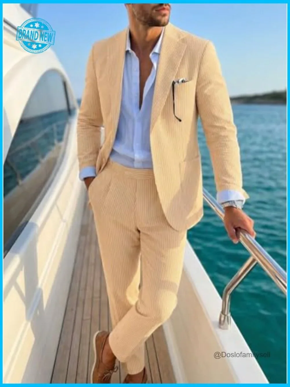 Seersucker Suit Set Slim Fit Formal Wedding Summer Groom Outfit Classic